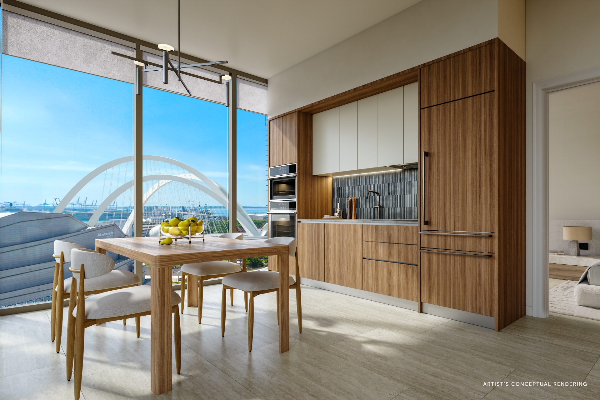 Cozinha com mesa de jantar ao lado da janela panorâmica