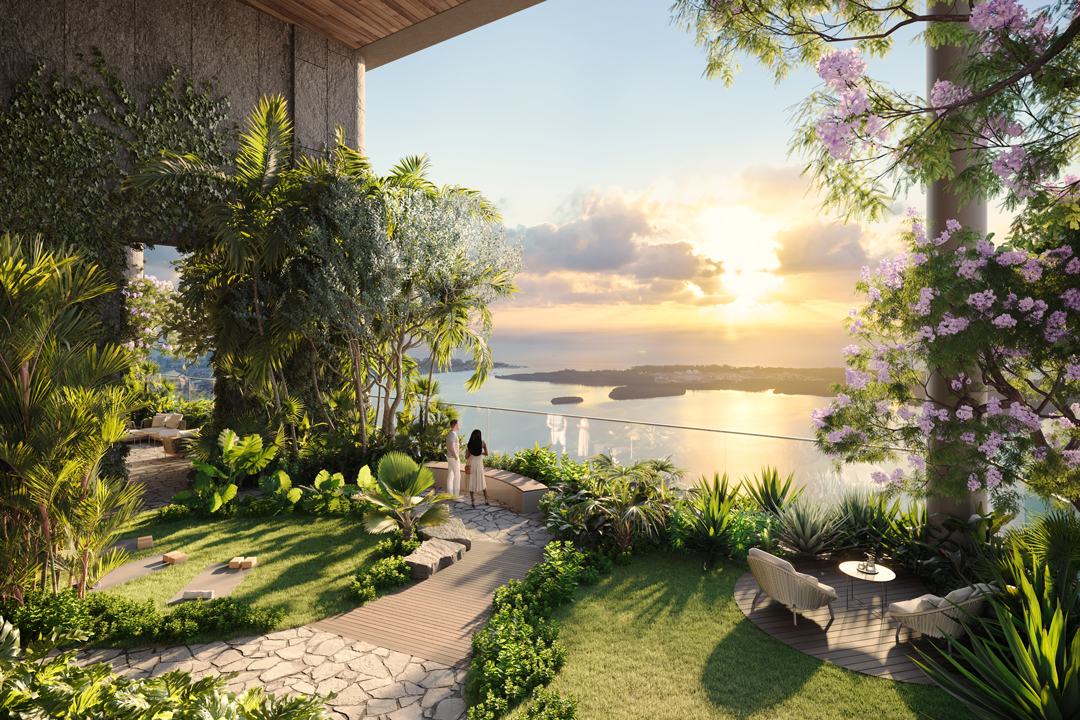 Bosco: jardim suspenso do ORA by Casa Tua com vista para a baía ao pôr do sol