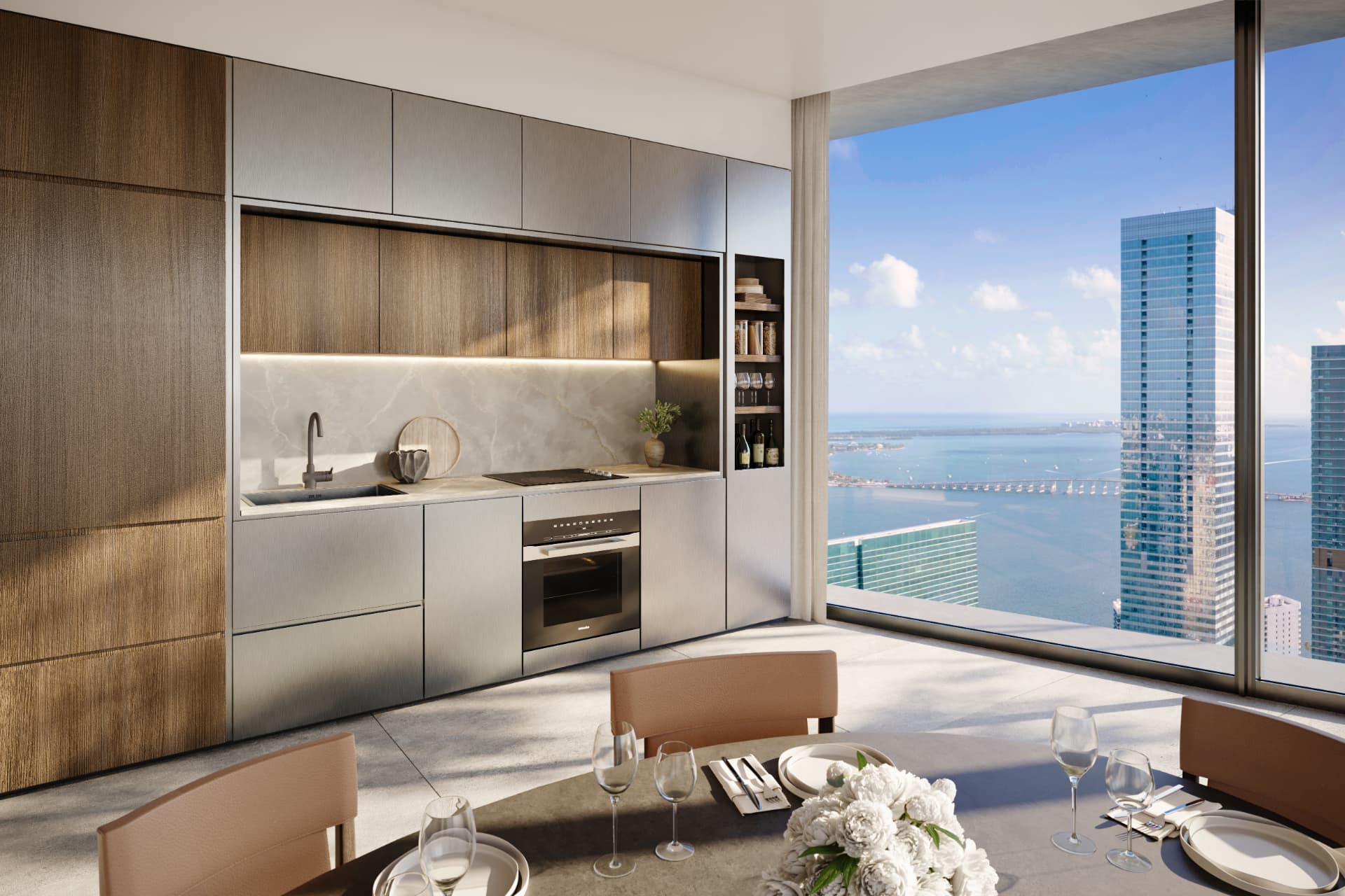 Cozinha integrada com vista para a baía no ORA by Casa Tua
