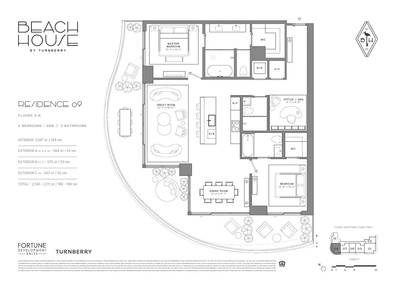 Planta da Residence 09, 2 quartos + den · 3 banheiros, andares 2 a 8