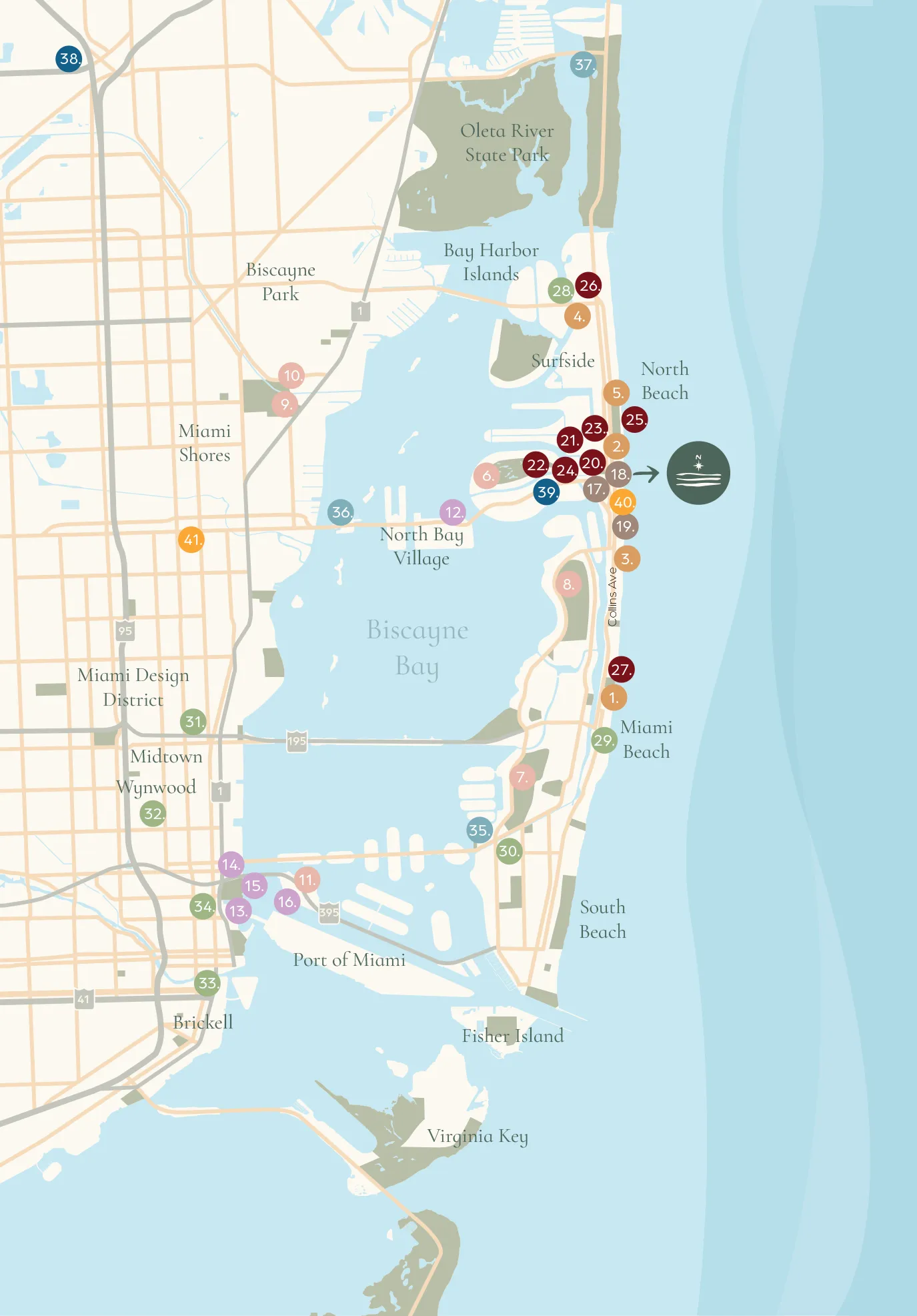 Mapa de Miami Beach com a localização do NoBe PARC em North Beach