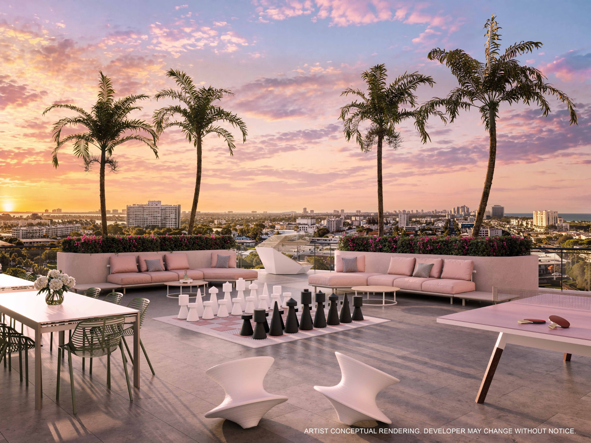 Outdoor lounge no pôr do sol com jogos e salas externas