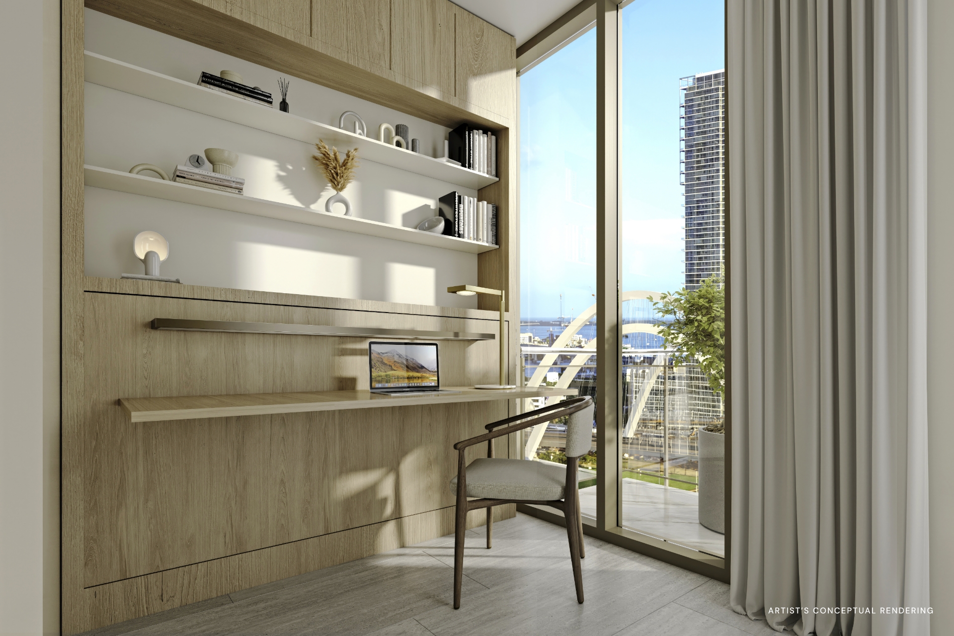 Home office com estante embutida e vista para a cidade