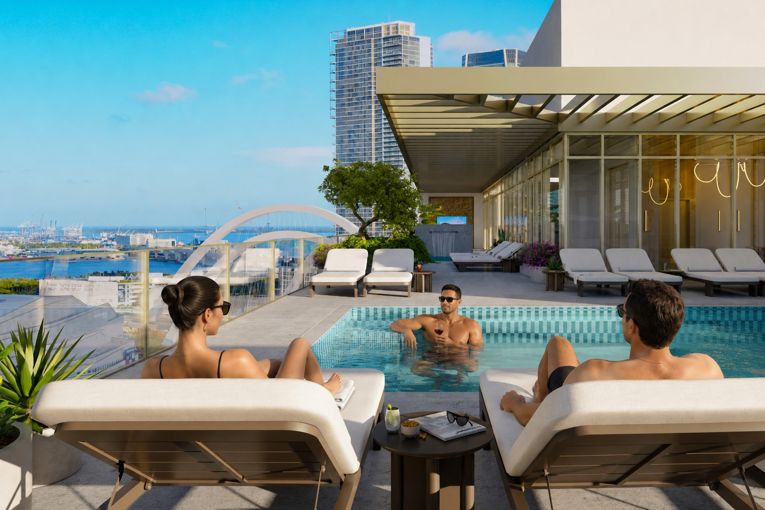 Piscina rooftop com espreguiçadeiras e vista para a baía de Miami