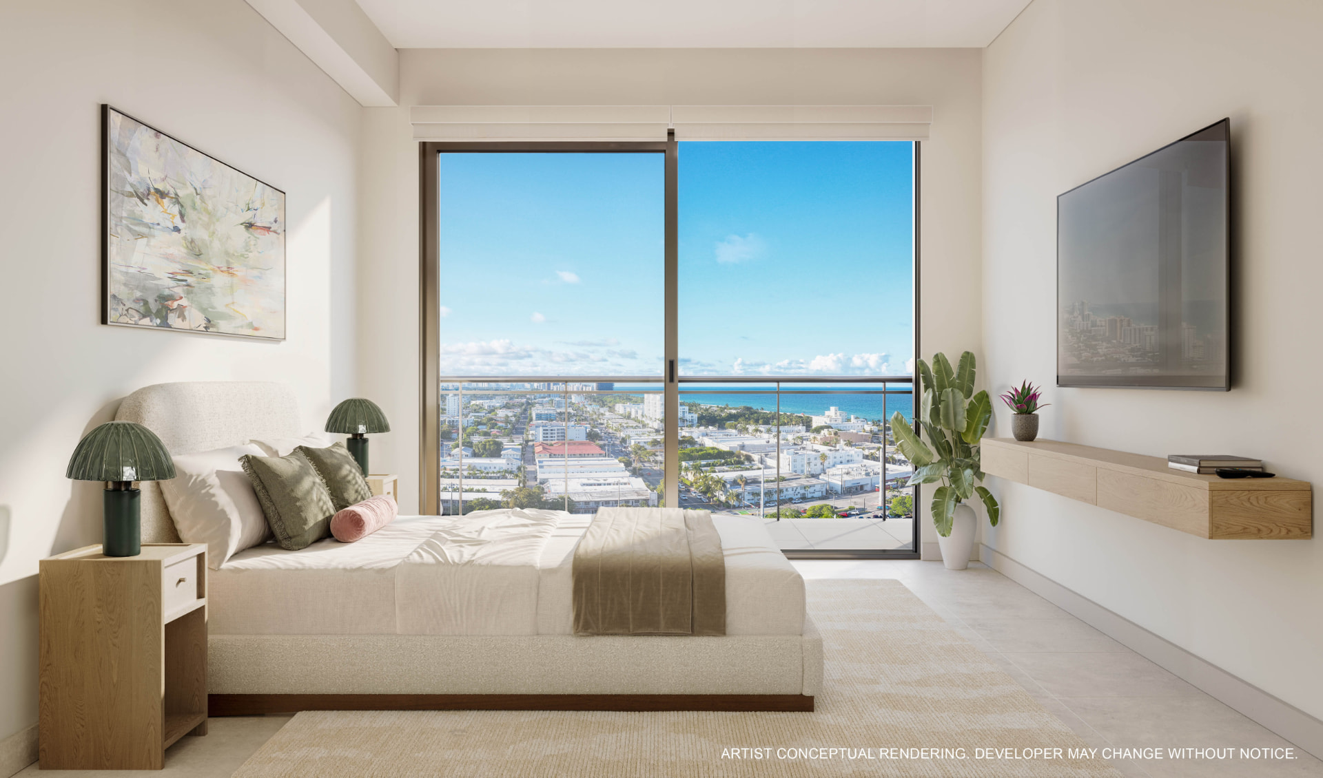 Quarto principal com cama ampla e vista para North Beach e o mar
