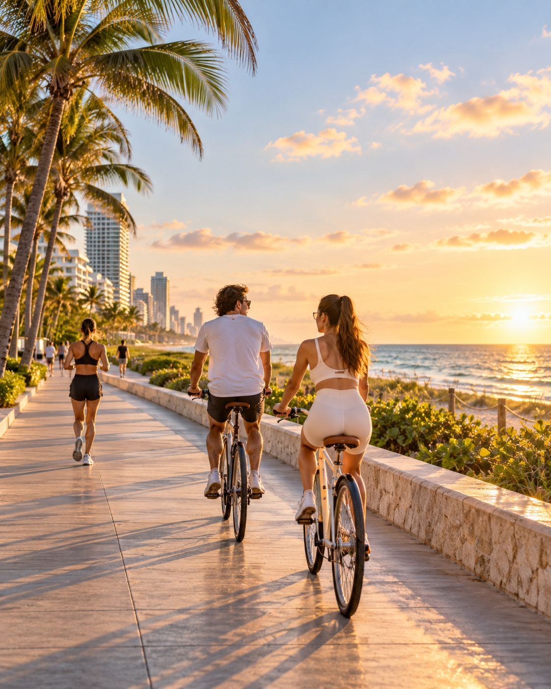 Pessoas pedalando e praticando esporte no boardwalk