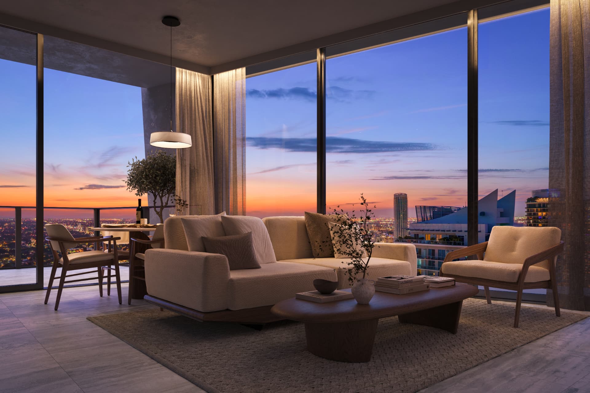Living de uma residência do ORA com vista para o skyline de Miami