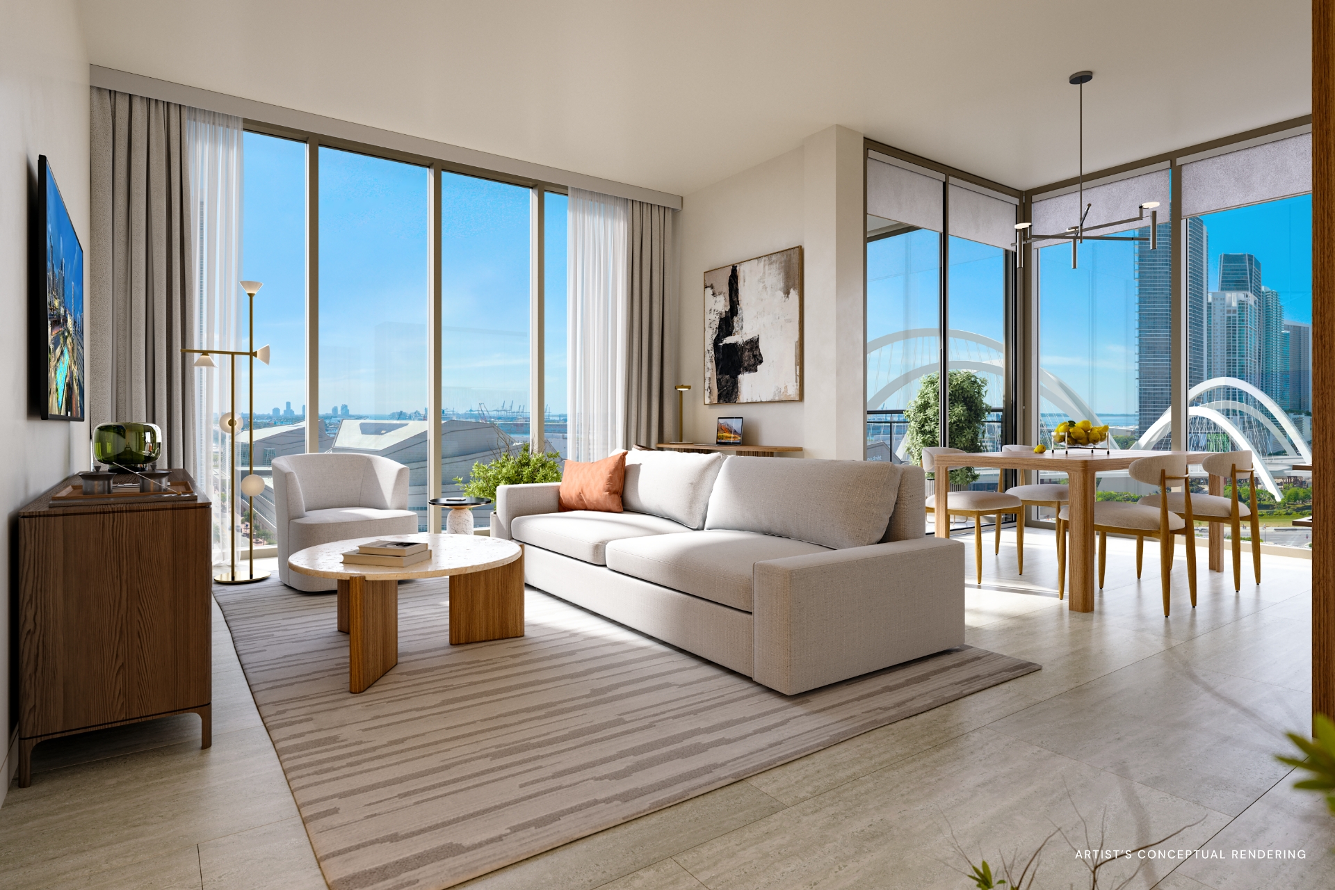 Living integrado com varanda e vista de Downtown Miami