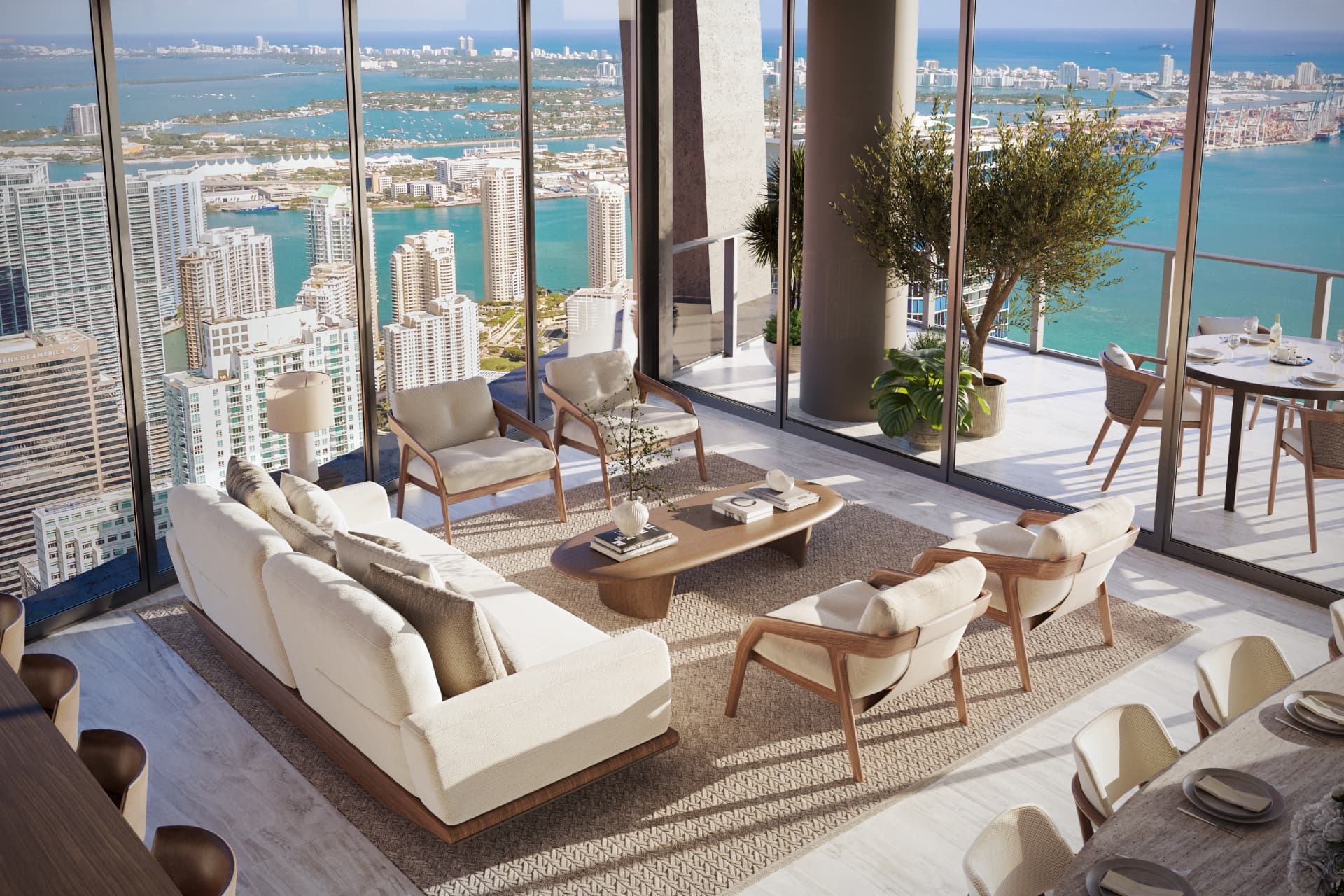 Amplo living de residência com terraço e vista para a Biscayne Bay