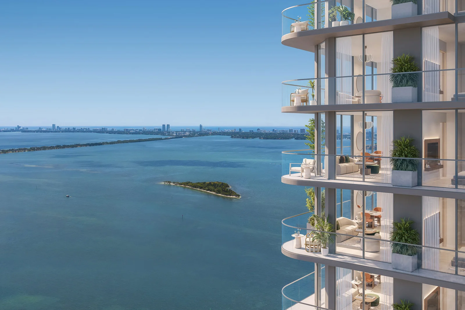 Varandas curvas do Edge House com vista aberta para a baía de Miami