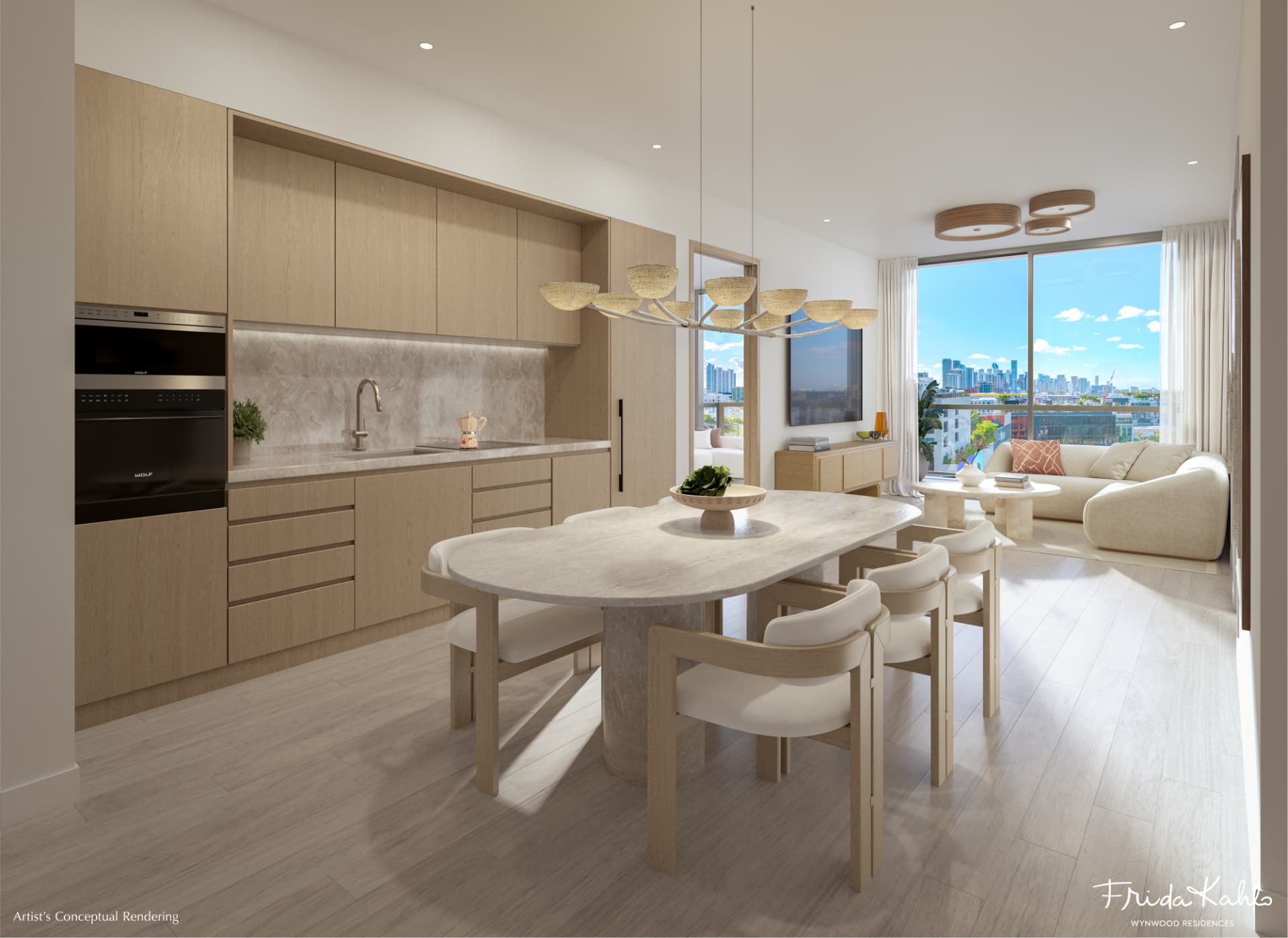 Cozinha integrada com mesa de jantar e vista para o skyline de Miami