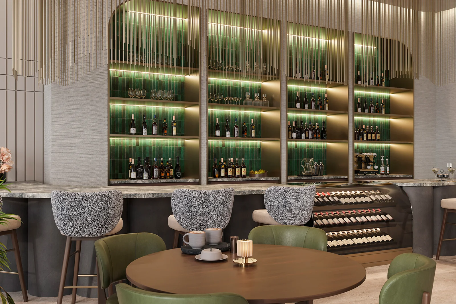 Wine bar com estantes iluminadas em verde e área de convivência