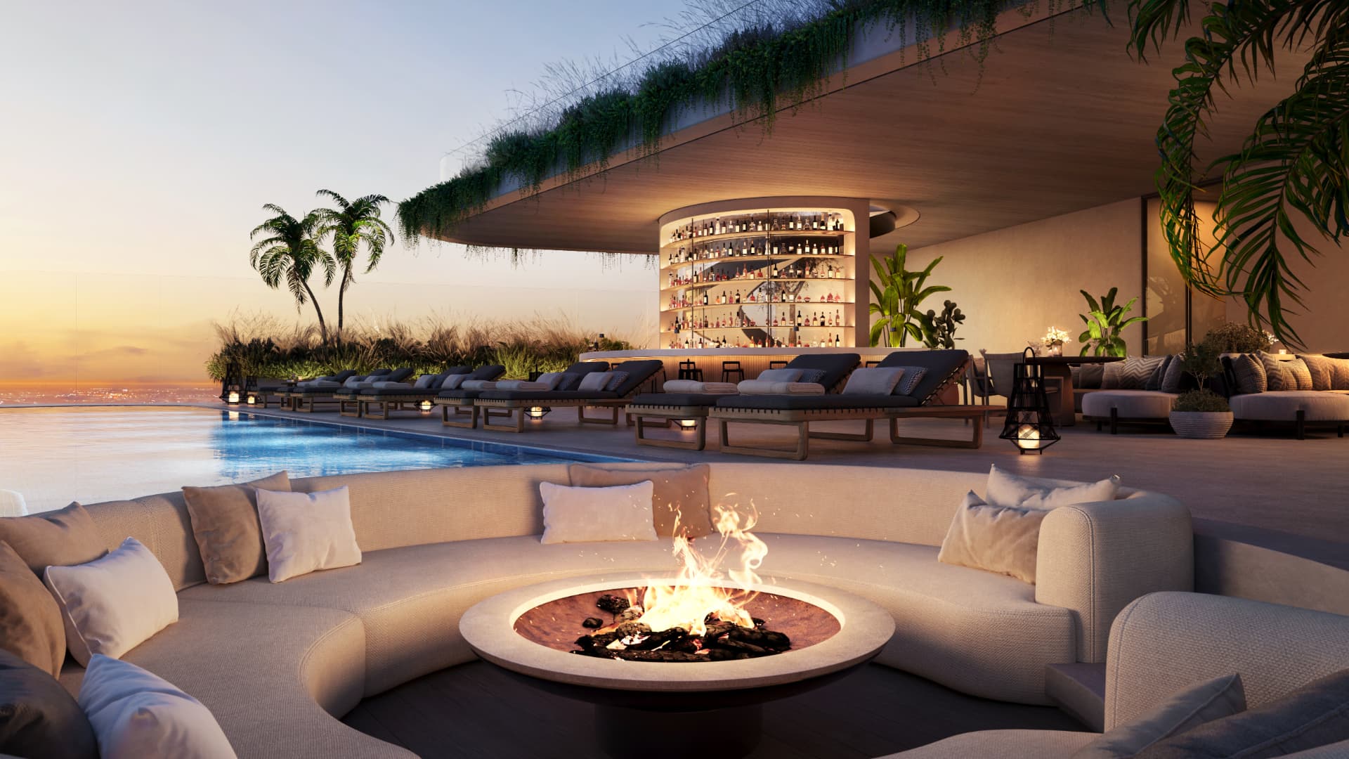 Rooftop Vento com firepit e bar ao pôr do sol