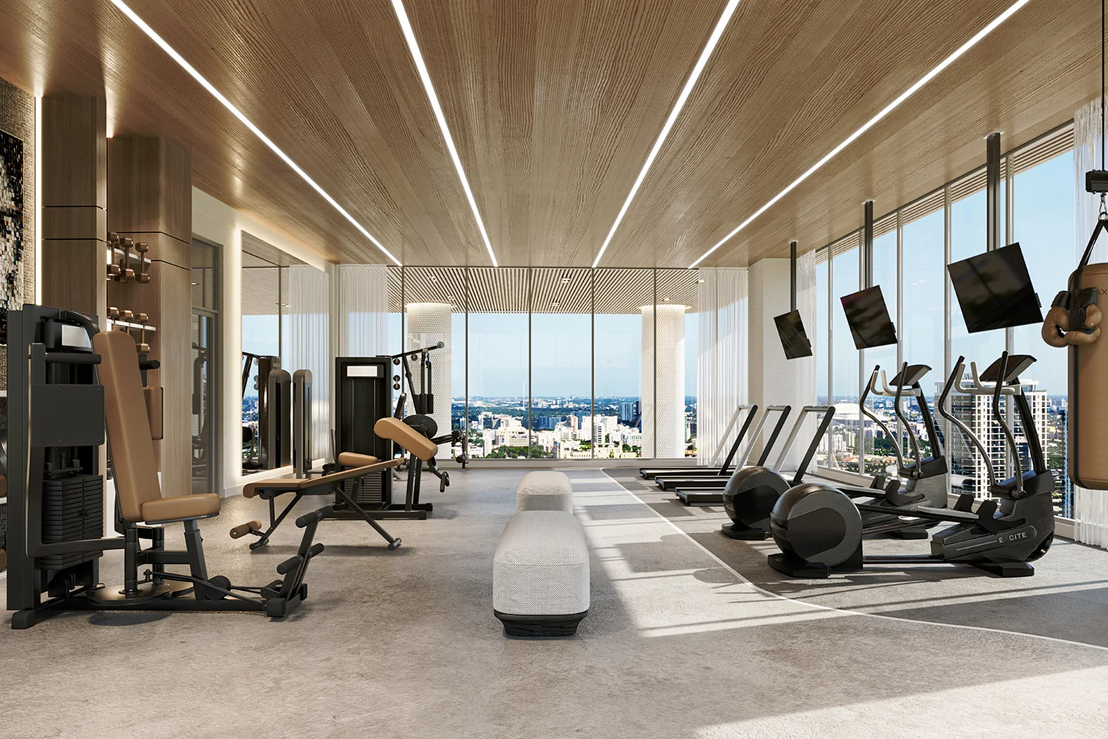 Academia panorâmica com equipamentos completos e vista para a cidade
