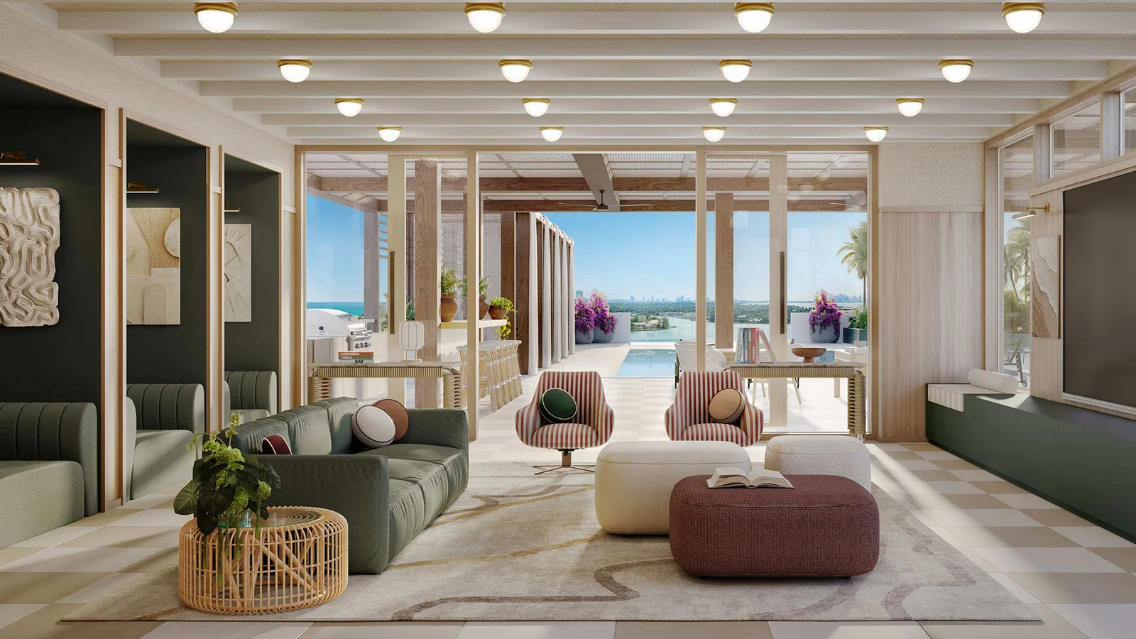 Lounge de residentes com ambientes internos e externos integrados