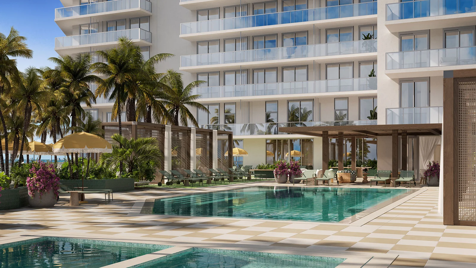 Área de piscina do Palma Miami Beach entre palmeiras