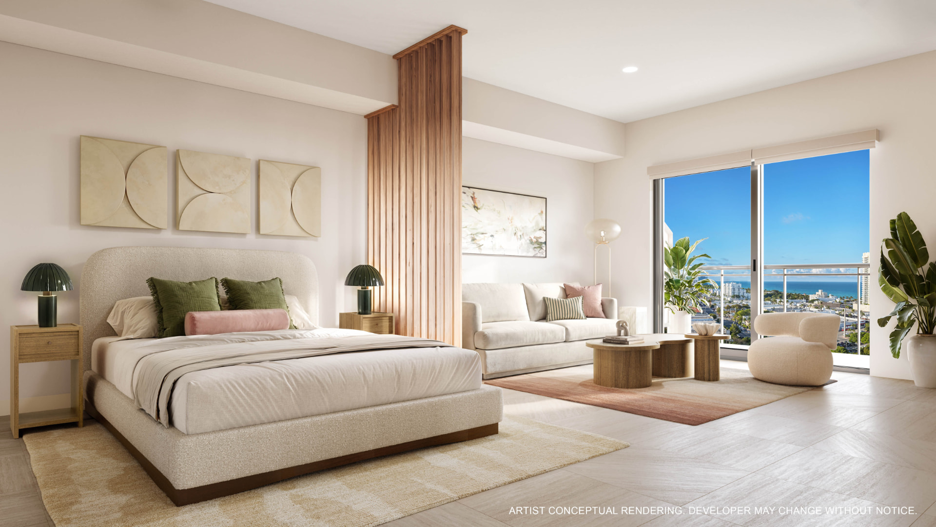 Quarto mobiliado com closets planejados e vista para o mar