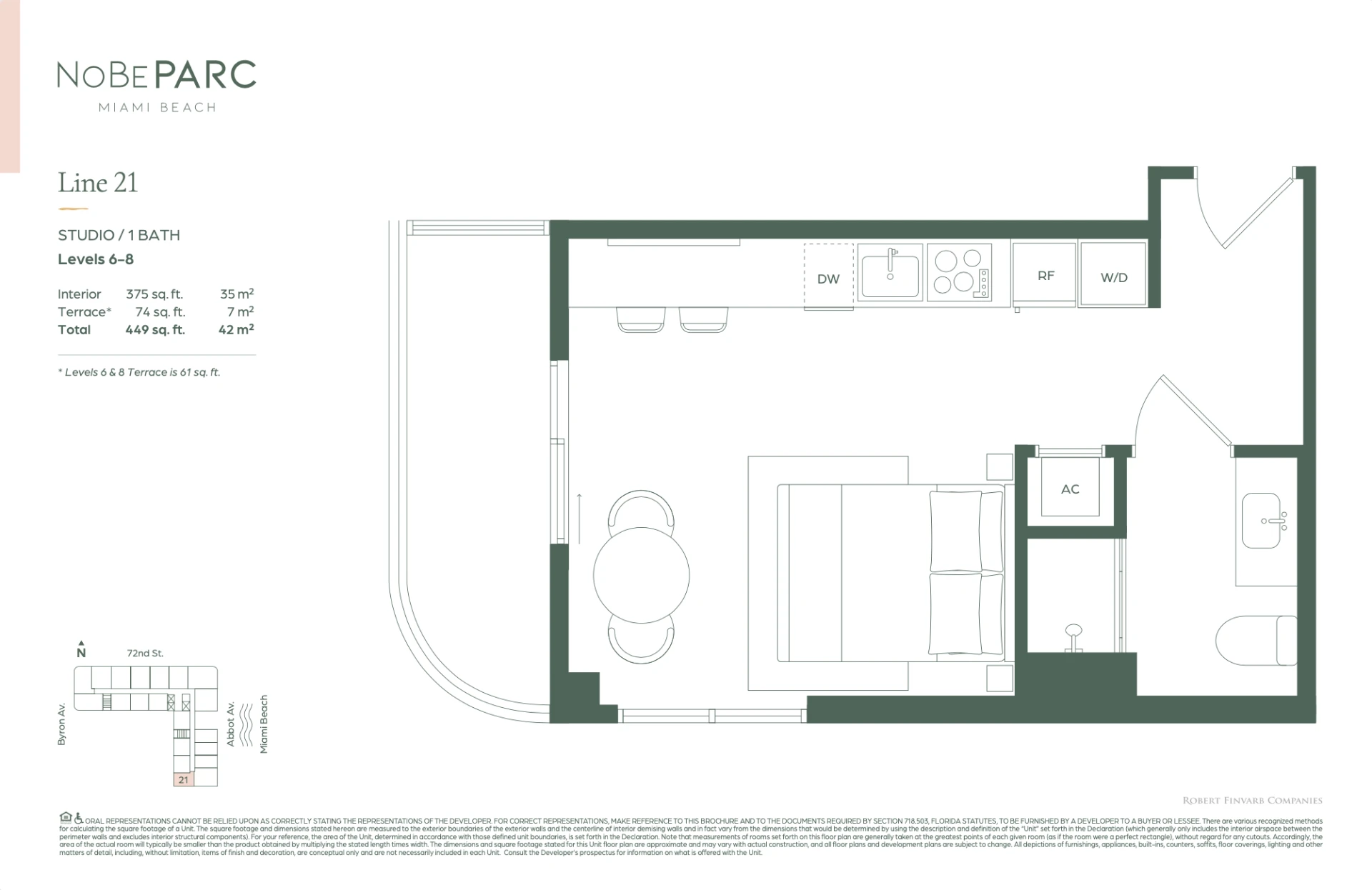 Planta do Studio, 35 m² internos e terraço de 7 m², Line 21, andares 6 a 8