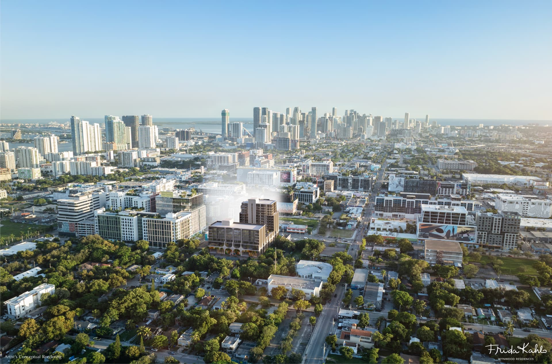 Vista aérea de Wynwood com o Frida Kahlo Wynwood Residences e o skyline de Miami
