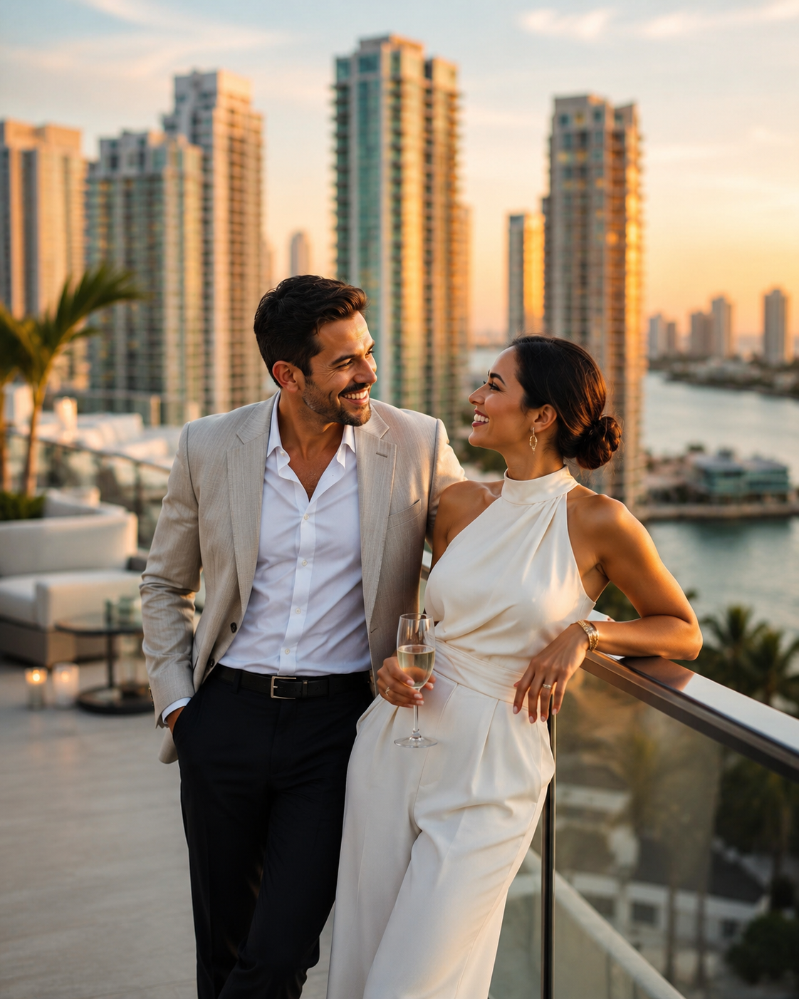 Casal aproveitando um terraço em Miami ao entardecer
