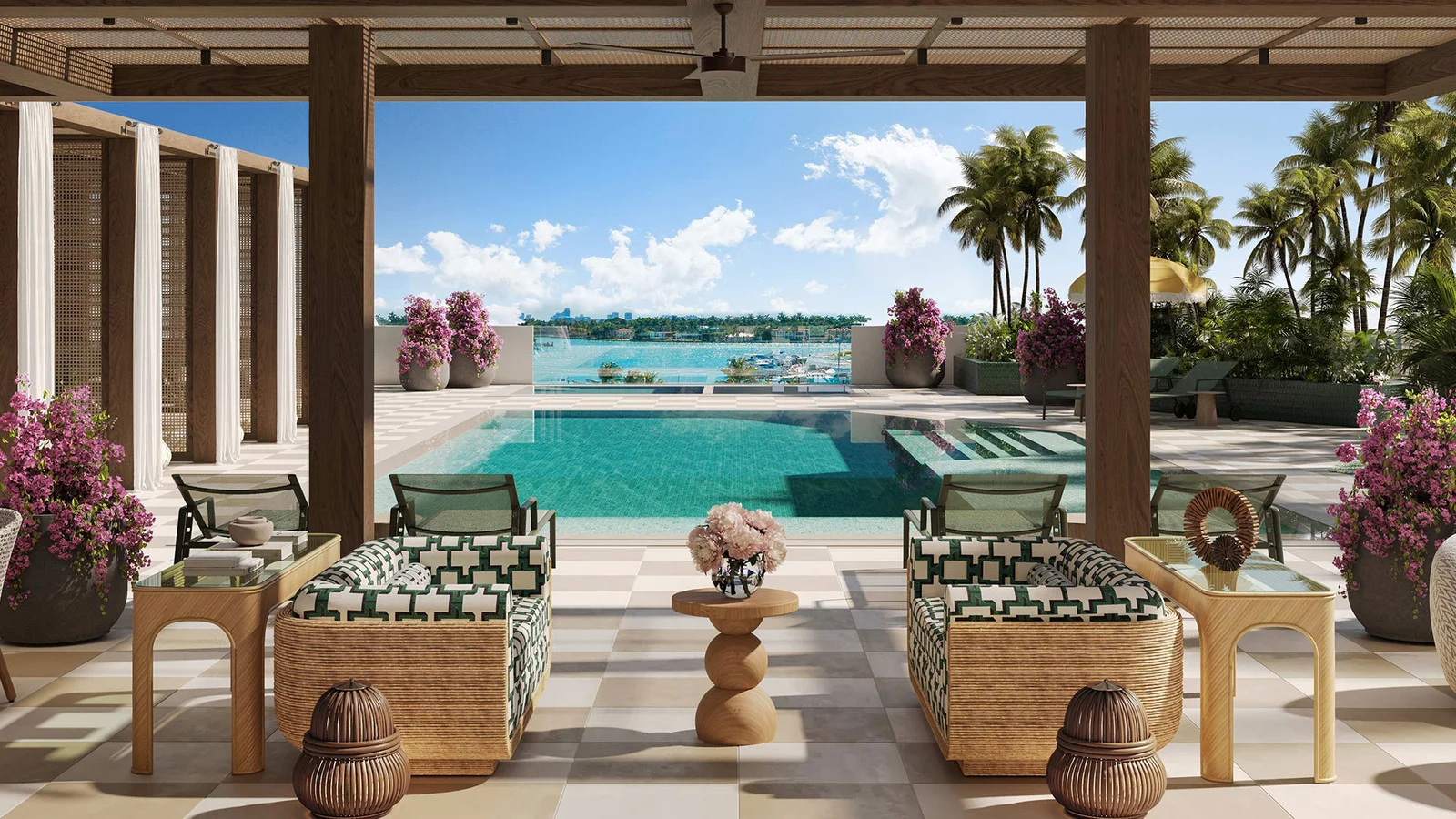 Área de bem-estar com deck sombreado junto à piscina