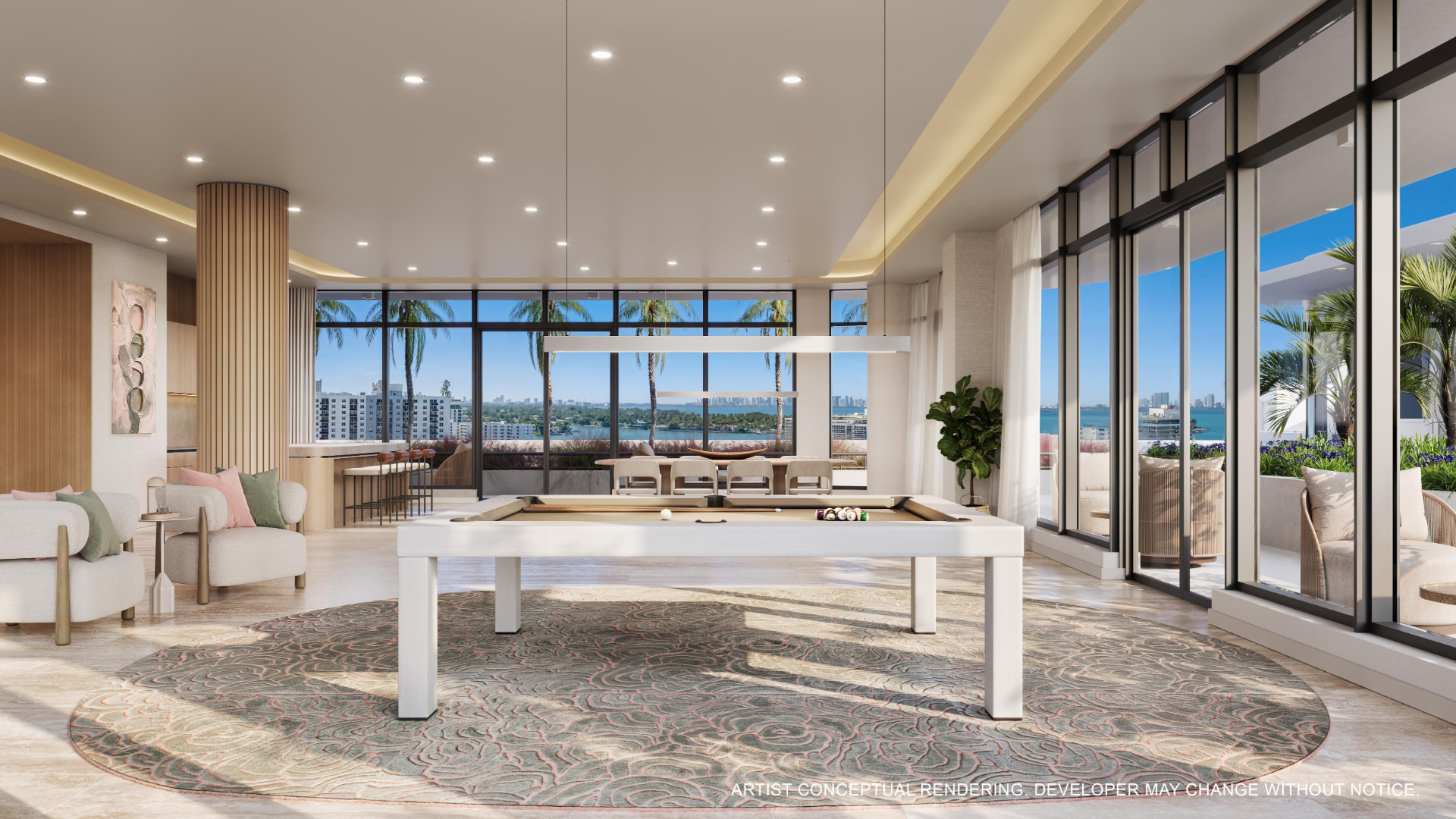 Club room com mesa de sinuca e vista para a baía