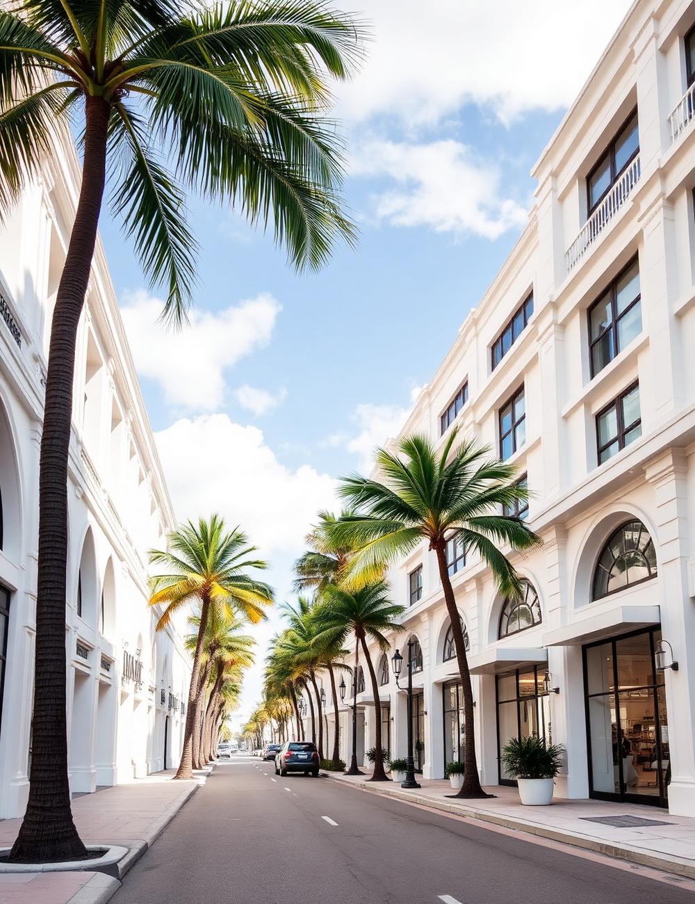 Rua de compras com arquitetura branca e palmeiras em Bal Harbour