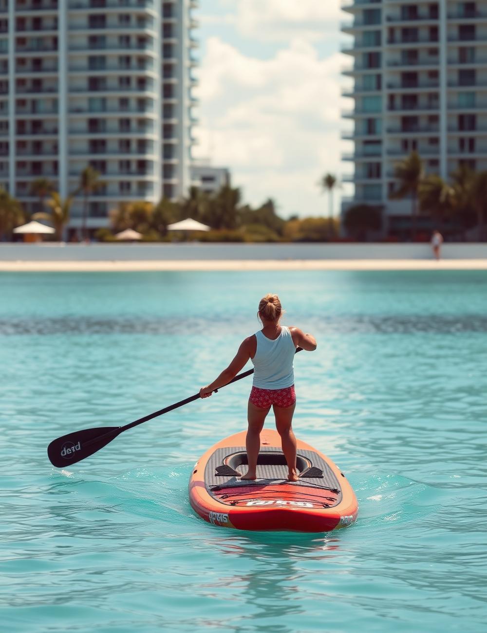 Prática de paddle boarding em água turquesa próxima à orla de Miami Beach