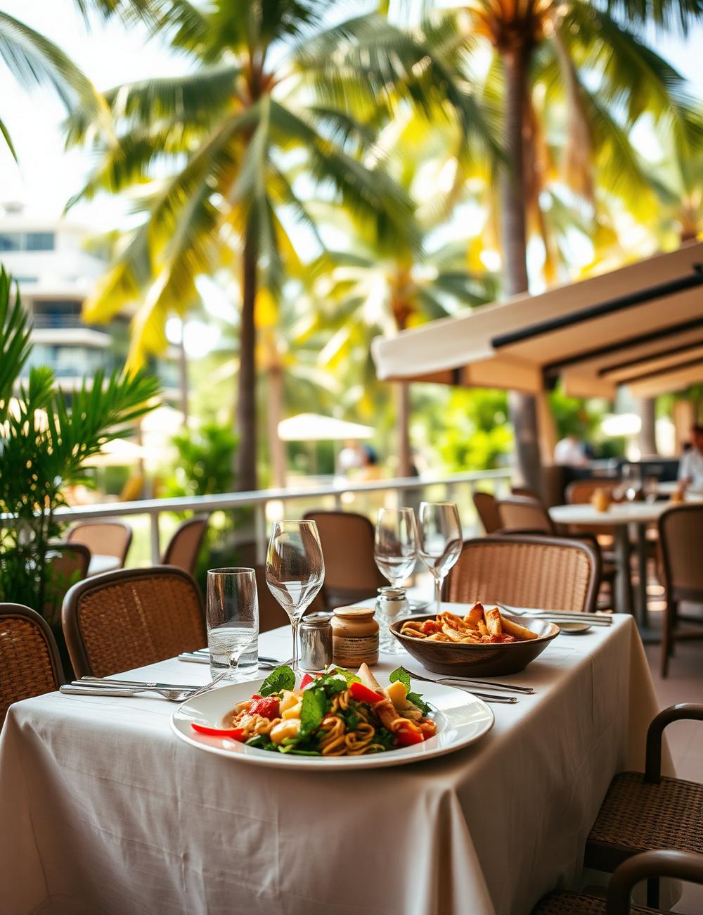 Mesa posta em restaurante ao ar livre sob palmeiras em Miami Beach