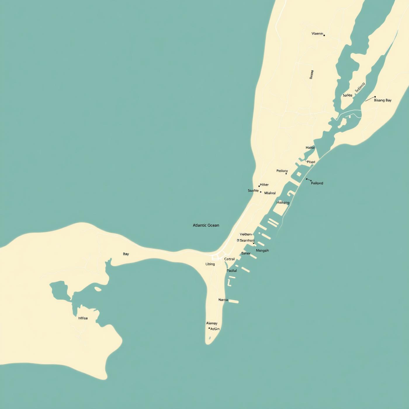 Mapa editorial de Miami Beach entre o oceano Atlântico e a Biscayne Bay