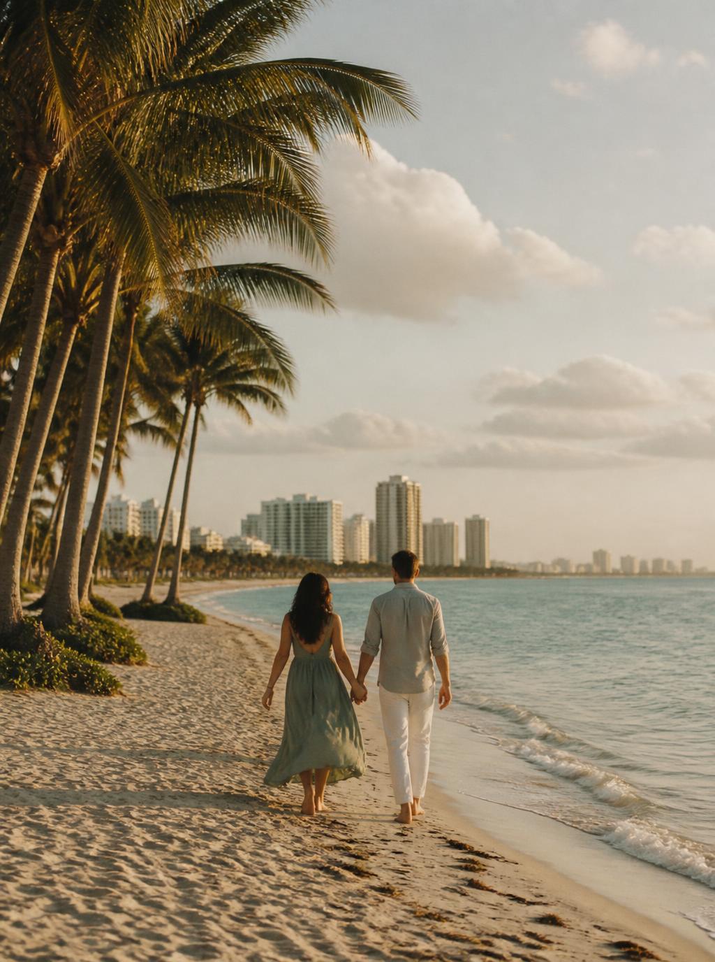 Casal caminhando à beira-mar em Miami Beach ao entardecer, entre palmeiras